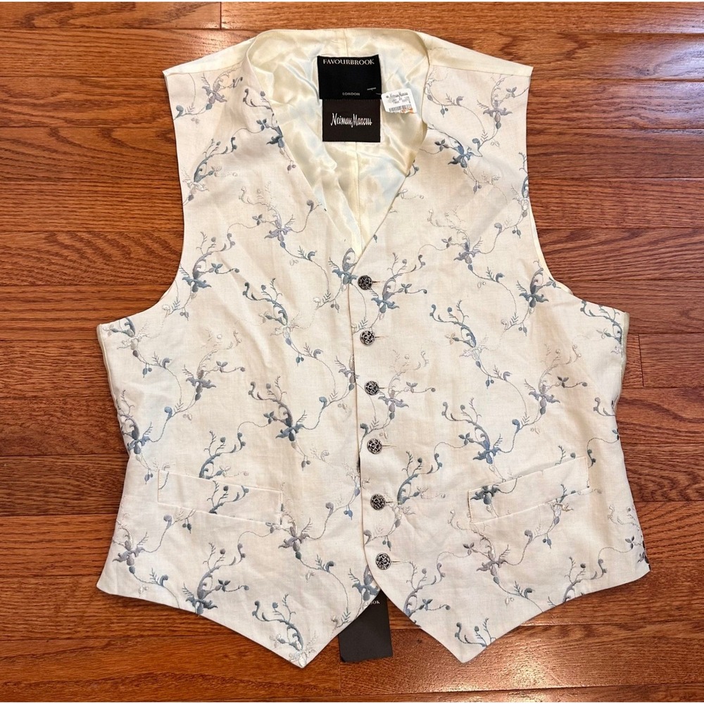 New Favourbrook London Neiman Marcus Waistcoat Vest Mens 44 Linen Floral‎ Formal
